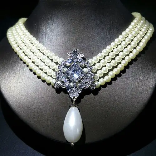 欧美珍珠项链时尚百搭多层颈链水晶宝石吊坠项链