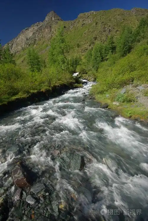 流经峡谷的河流. 河附近的石头和岩石土地. 美丽的山景.