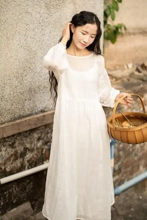 花间里南风知我意2022新文艺日常纯苎麻连衣裙宽松改良版中长裙女