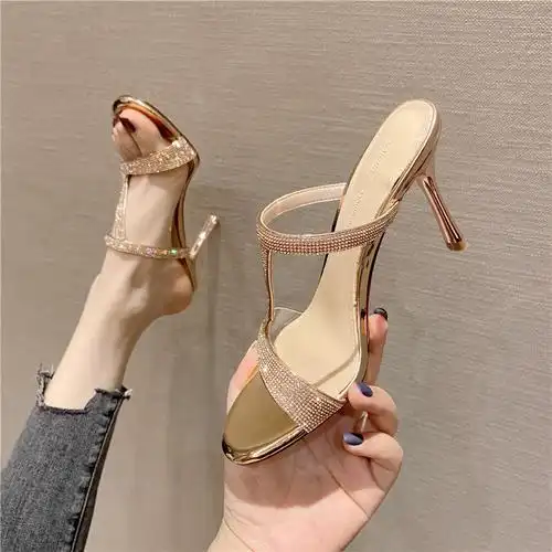 (今日10折)2021夏季新款水钻透明懒人凉拖露趾细跟凉鞋一字拖鞋外穿高