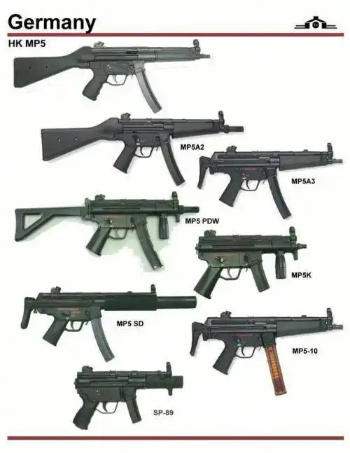 mp5sd2:同样装有整体枪管消声器,伸缩枪托;海军版扳机/"sef".