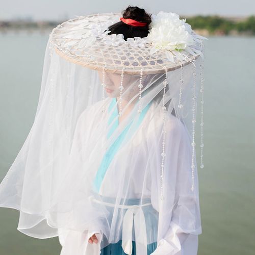【月流苏】 古风梨花流苏斗笠帽 面纱遮阳绝美女侠客摄影道具