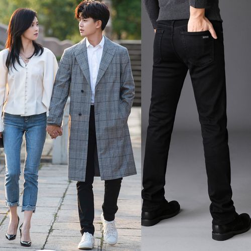 一生一世任嘉伦周生辰同款直筒弹力黑色牛仔裤不掉色的黑色牛子裤