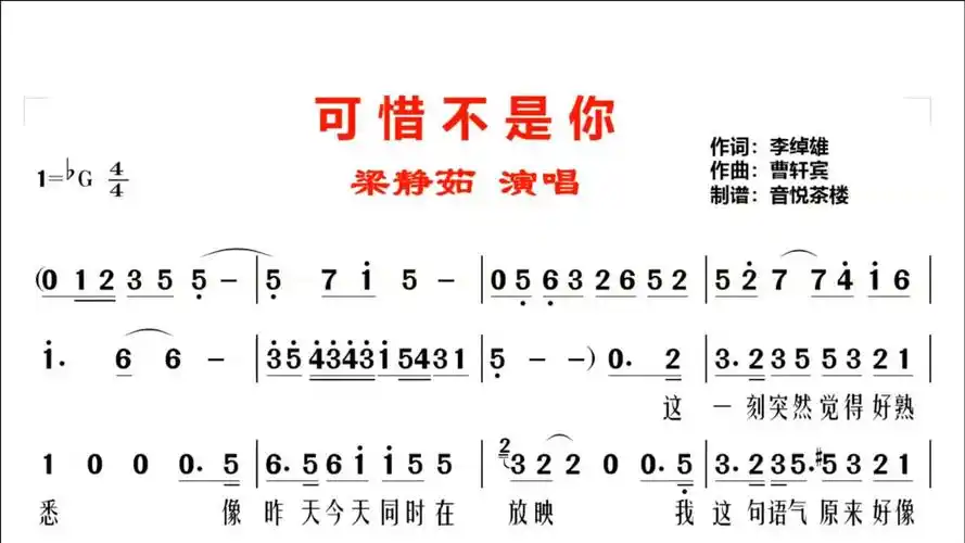 梁静茹经典老歌《可惜不是你》视听简谱,感谢那是你,牵过我的手