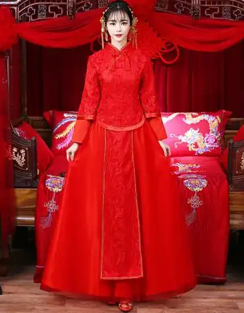 服新娘结婚敬酒服2018新款旗袍长款时尚中式嫁衣婚纱礼服红色 款式h