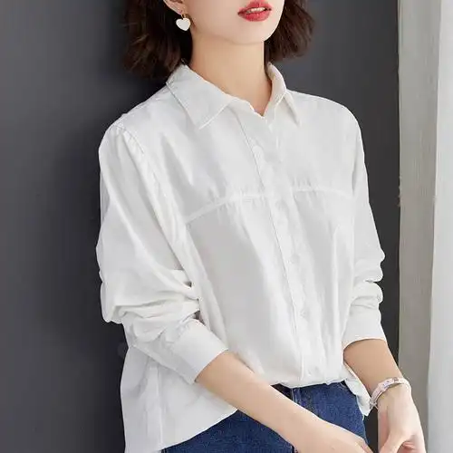 可风各3718衬衫p55精梳棉高级感白衬衫女长袖中长款宽松显瘦衬衣,女装
