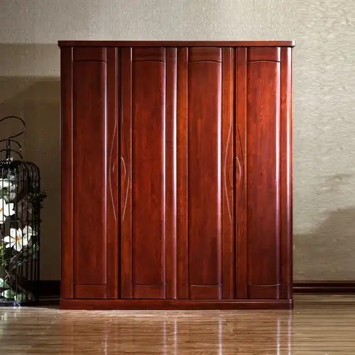 现代中式卧室经典栗色水曲柳实木四门大衣柜 衣橱