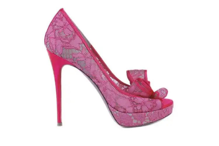 valentino(华伦天奴)粉色蕾丝蝴蝶结装饰鱼嘴高跟鞋 粉色 36