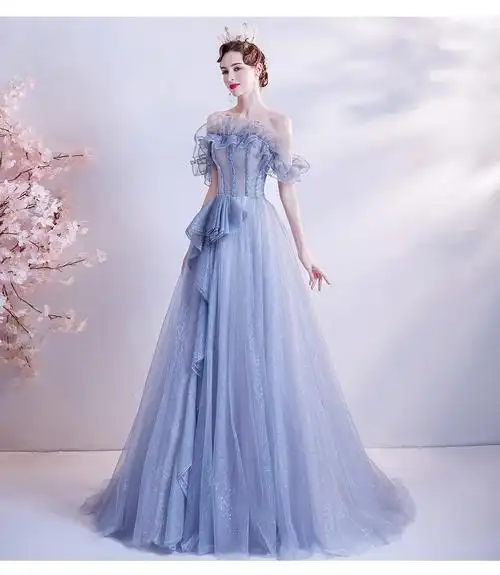 妲菲妮璀璨星光渐变蓝色新娘敬酒服宴会年会演出主持人婚纱晚礼服蓝色