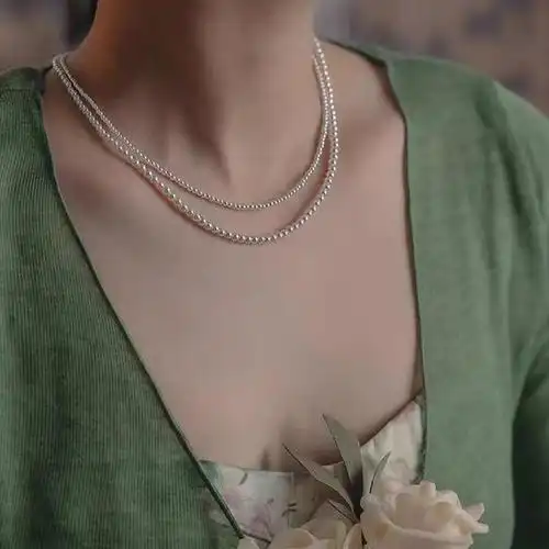 2mm正圆珍珠项链女小米粒施家强光极细锁骨链叠戴珍珠项链925纯银