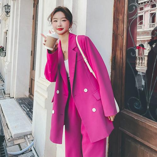玫粉色双排扣西装九分直筒西裤两件套女春季新款职业休闲西服套装