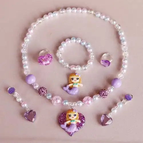 韩国女童儿童宝宝女孩首饰美人鱼公主珍珠项链套装生日节日礼物