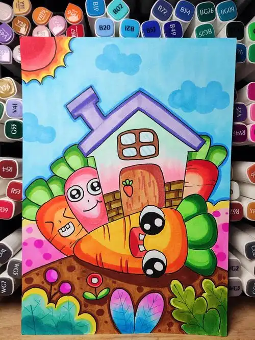 马克笔儿童画创意房子