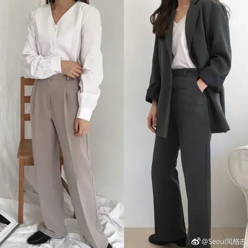既可以掩盖腿形缺陷又百搭的西服阔腿裤搭配.
