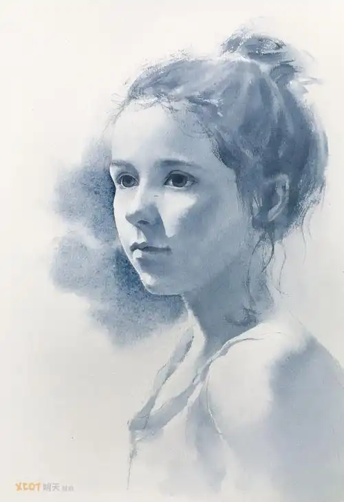 单色水彩-少女半侧脸,附过程图