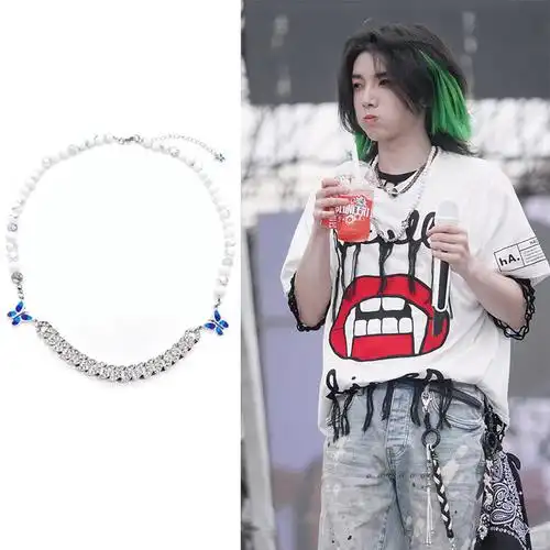 华晨宇花花2021海口火星演唱会同款珍珠银钻双蝴蝶项链轻奢潮饰品