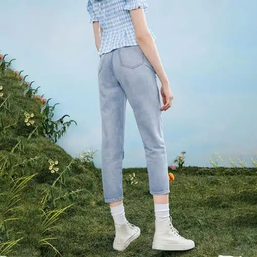 爱居夏季女装裤子时尚简约高腰直筒宽松萝卜牛仔裤牛仔裤