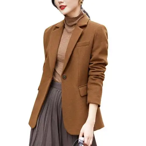 (现货)外套飒爽英伦风羊毛短款西装2022秋冬女款休闲呢子大衣驼色