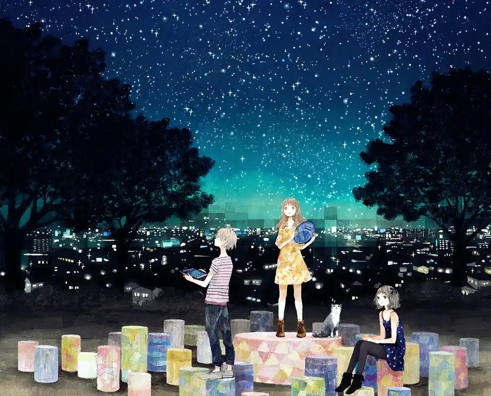 谁有带有星空草坪情侣三元素的动漫图片?