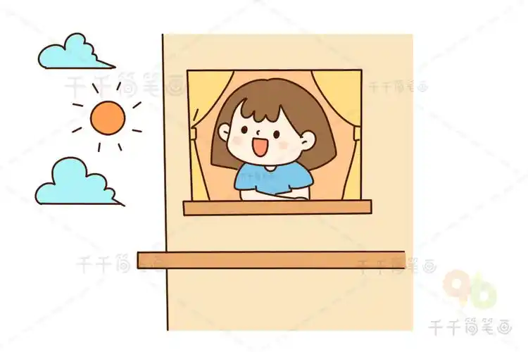 早安系列呼吸新鲜空气的女孩简笔画
