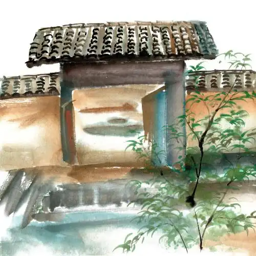 农村老房子的屋檐 水墨画