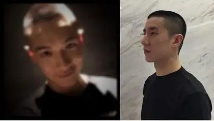 照片中,柯震东穿着黑色上衣,往日的发型变成寸头.