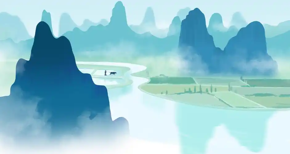 中国风青绿山水画中国山水画卷国家地理桂林山水江南水乡背景插画