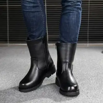 以舟真牛皮男士长筒靴保暖马靴高帮靴子真皮毛男长靴中筒牛皮高筒靴蒙