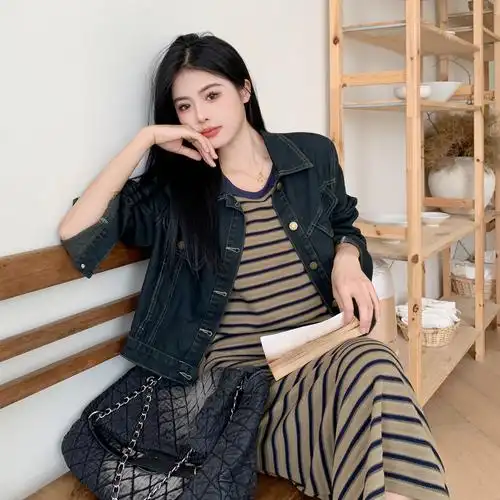 女装牛仔外套搭配连衣裙套装条纹吊带两件套胖mm秋季新款大码