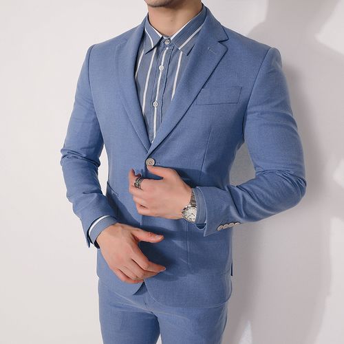 川泽男士浅蓝色西装件套新款韩版修身单排西服西服套装