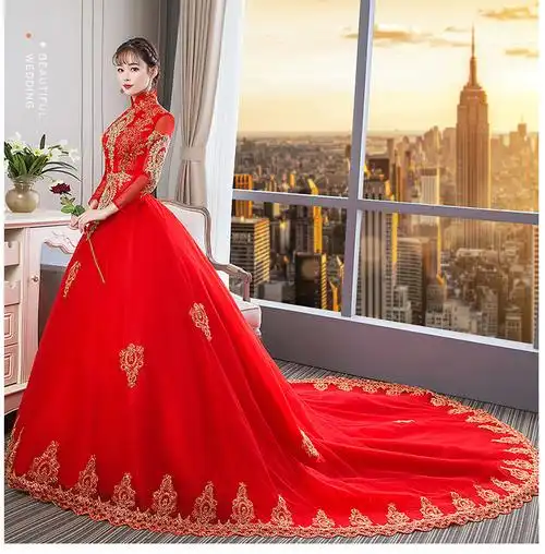 罗蒙(romon)红色婚纱礼服长拖尾2022秋冬中袖立领显瘦齐地新娘大码小