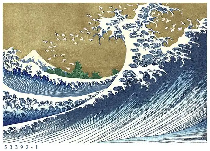 3d和风海浪富士山墙纸寿司店水泥浪花日系壁纸浮世绘日式餐馆壁画