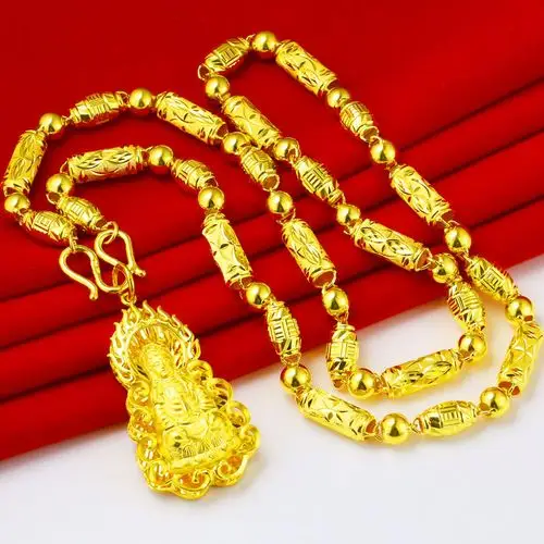 正品黄金项链男士女款长款9999足金链子纯金火焰观音菩萨套链真金