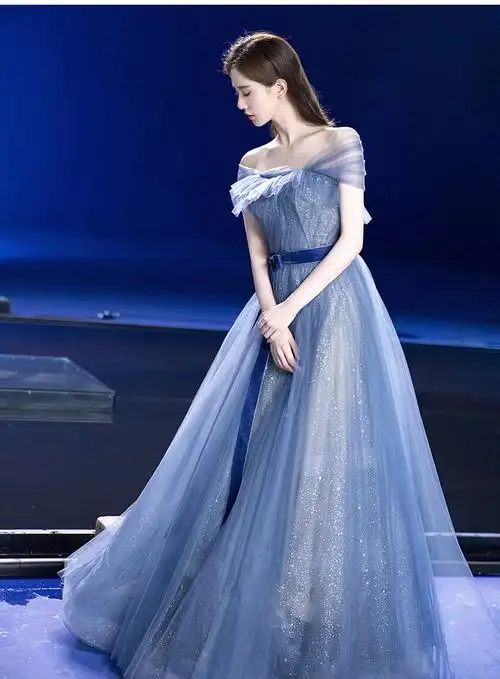外贸货源欧美万籁星空蓝色一字肩宴会年会主持人演出婚纱礼服供应