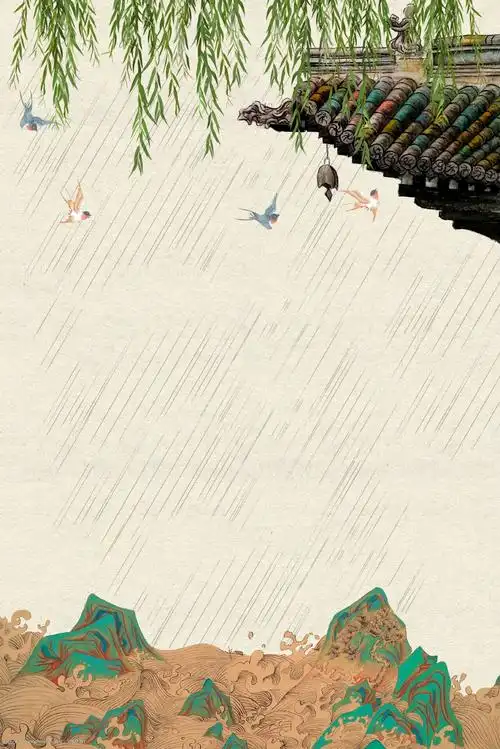 工笔画古典中国画中国风柳枝屋檐鸟类江河