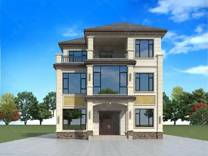 12米x12米农村三层自建房设计图,别墅外观深色屋顶,外立面用乳白色