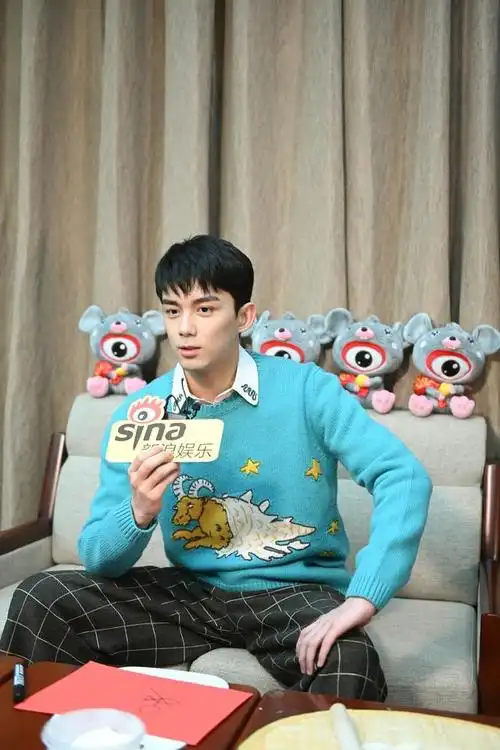 组图:吴磊身穿蓝色印花毛衣亮相专访青春帅气 画年画超有氛围