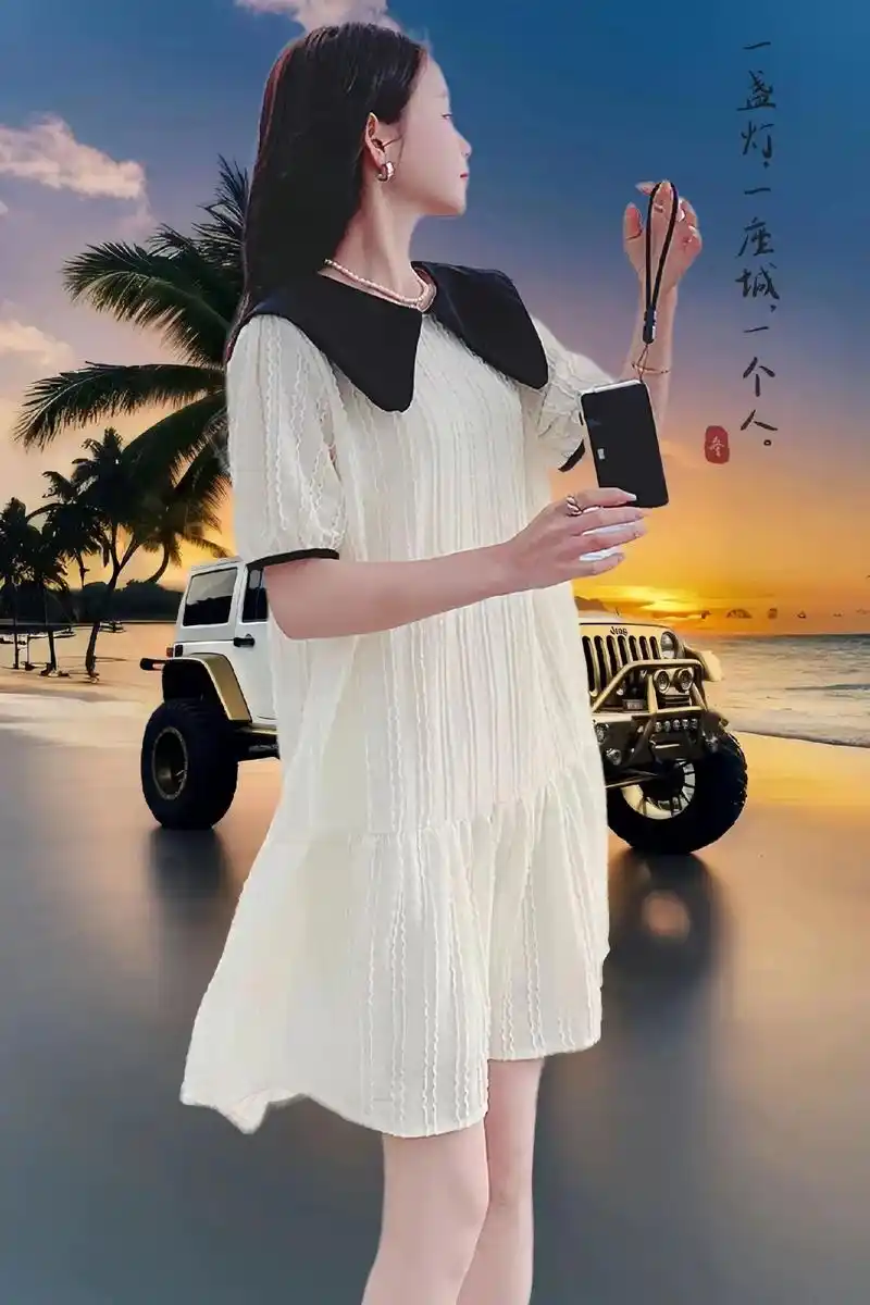 适合胖mm,法式娃娃领中长款短袖裙子上身洋气,时尚又百搭关键不挑人群