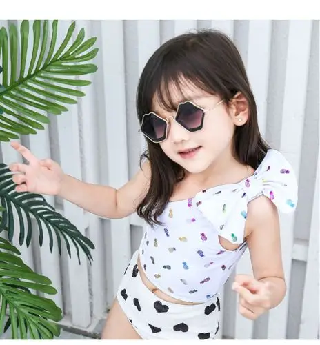 菠萝印花女童分体泳衣高腰三角裤单肩儿童泳装蝴蝶结比基尼二件套