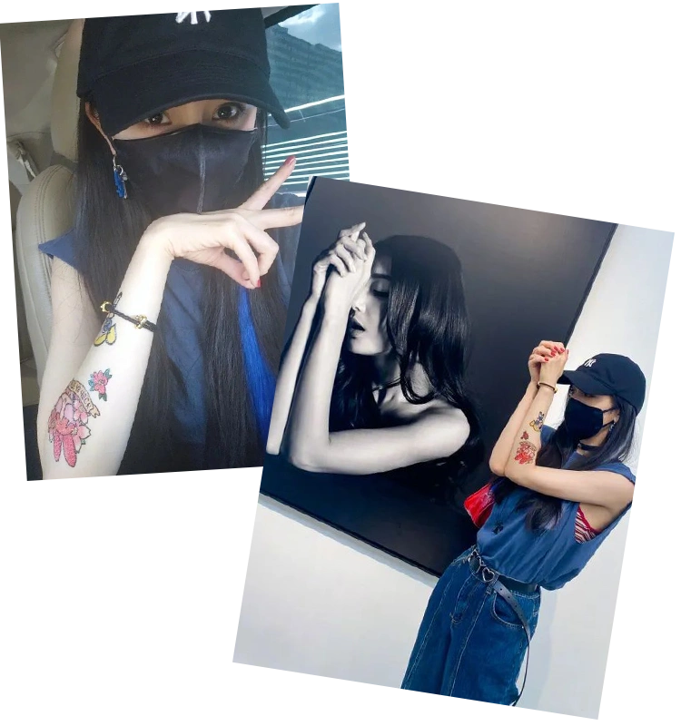 杨幂之前看展的时候手臂上就贴了好几个飞天小女警纹身贴,搭配挑染的