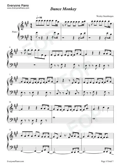 dance monkey-钢琴版-钢琴谱文件(五线谱,双手简谱,数字谱,midi,pdf)