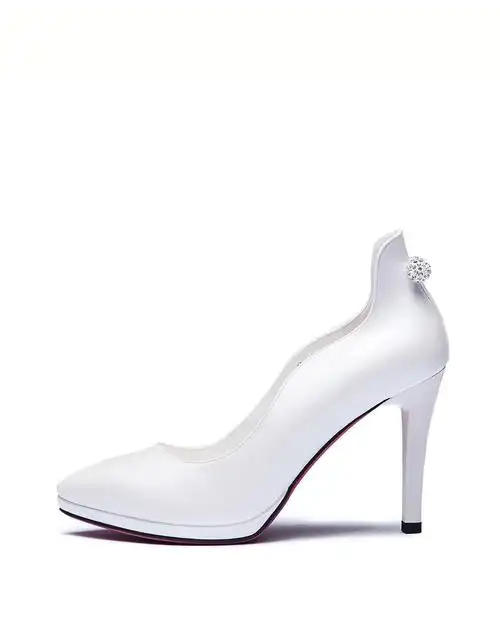 2015秋季新款珠光白超高跟防水台水钻尖头浅口单鞋