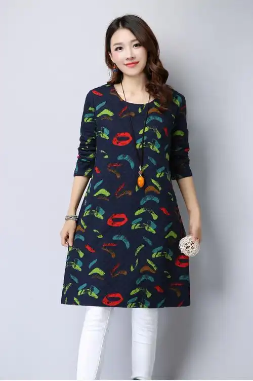 店*文艺秋冬新款女装大码宽松夹棉加厚中长款圆领长袖印花撞色连衣裙