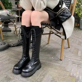 他程百丽tachengbailai守护之名英伦风厚底系带长筒马丁靴女秋冬显瘦