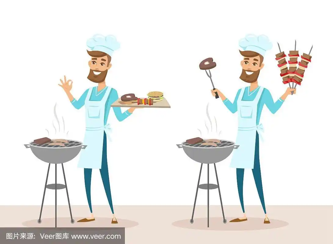 戴厨师帽的快乐男人拿着烤肉串在烤架上烤肉.矢量插图孤立在白色背景.