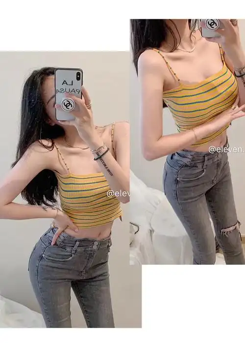 泫雅风时尚拼色小吊带背心韩版短款修身洋气条纹打底衫2019夏新款