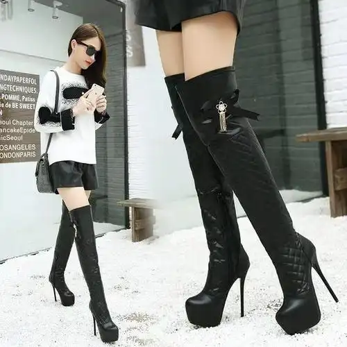 过膝厚台高筒靴