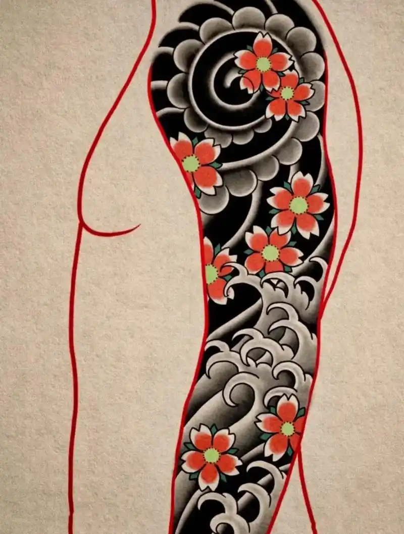 樱花臂纹身效果图#老传统花臂纹身图片#日式花臂 #日式传统 - 抖音