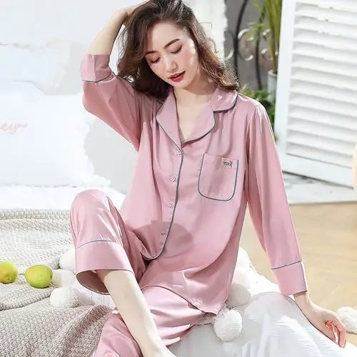 新款睡衣女春秋冰丝长袖开衫大码两件套装春季薄款仿真丝绸家居服