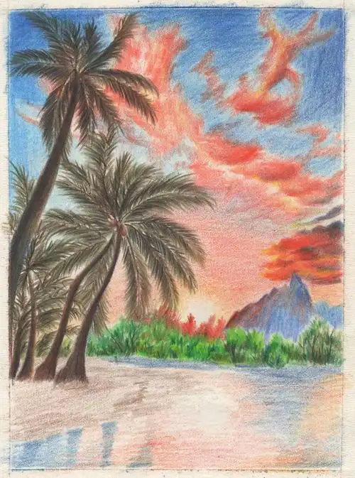 彩铅风景11落日晚霞